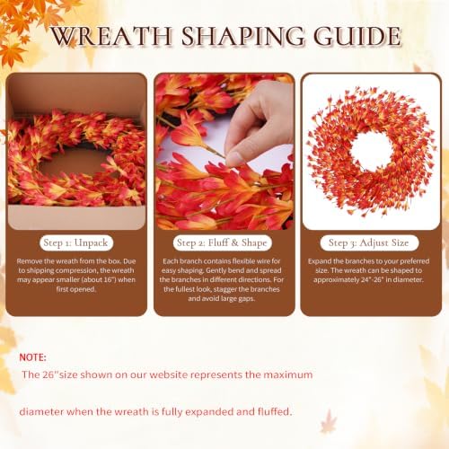 26 Inch Fall Wreath for Front Door, Autumn Thanksgiving Decor (Orange), alternate view 7
