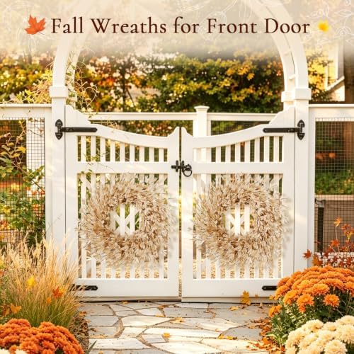 26 Inch Fall Wreath for Front Door, Autumn Thanksgiving Decor (Wheat), alternate view 4