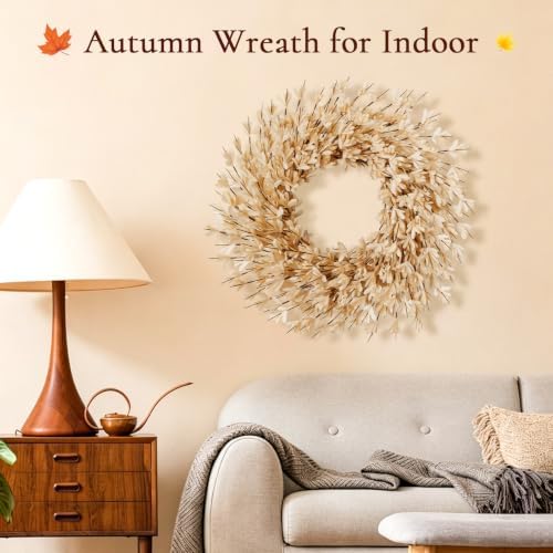 26 Inch Fall Wreath for Front Door, Autumn Thanksgiving Decor (Wheat), alternate view 6