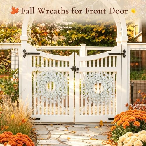 26 Inch Fall Wreath for Front Door, Autumn Thanksgiving Decor (White) in White, alternate view 4
