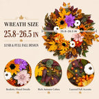 26-Inch Fall Wreath for Front Door, Sunflowers, Dahlias and Pumpkins, alternate view 2
