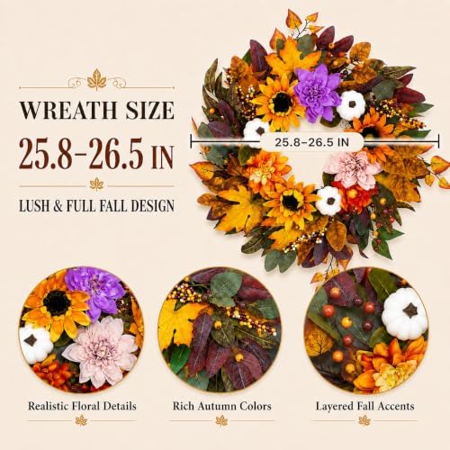 26-Inch Fall Wreath for Front Door, Sunflowers, Dahlias and Pumpkins, alternate view 2