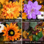 26-Inch Fall Wreath for Front Door, Sunflowers, Dahlias and Pumpkins, alternate view 3