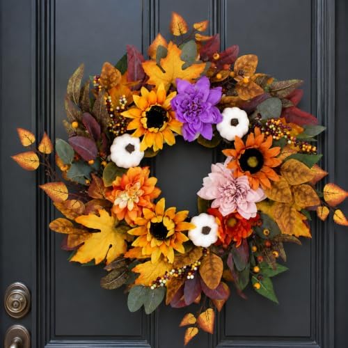 26-Inch Fall Wreath for Front Door, Sunflowers, Dahlias and Pumpkins, alternate view 4