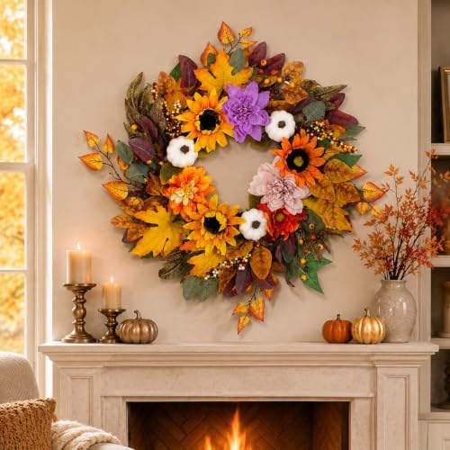 26-Inch Fall Wreath for Front Door, Sunflowers, Dahlias and Pumpkins, alternate view 5