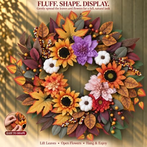 26-Inch Fall Wreath for Front Door, Sunflowers, Dahlias and Pumpkins, alternate view 6