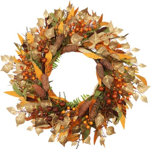 26 Inch Fall Wreaths for Front Door, Gold Leaf Harvest Wreath, Farmhouse Autumn Wreath for Fall Decor in Fall