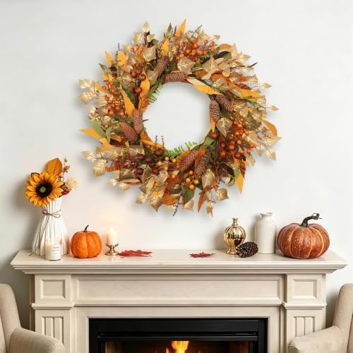 26 Inch Fall Wreaths for Front Door, Gold Leaf Harvest Wreath, Farmhouse Autumn Wreath for Fall Decor in Fall, alternate view