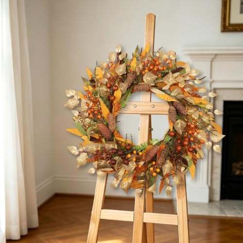 26 Inch Fall Wreaths for Front Door, Gold Leaf Harvest Wreath, Farmhouse Autumn Wreath for Fall Decor in Fall, alternate view