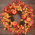 26 Inch Large Foldable Fall Wreath for Front Door with Lights & Timer, Autumn Pumpkin Wreaths Eucalyptus Leaves