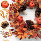 26 Inch Large Foldable Fall Wreath for Front Door with Lights & Timer, Autumn Pumpkin Wreaths Eucalyptus Leaves, alternate