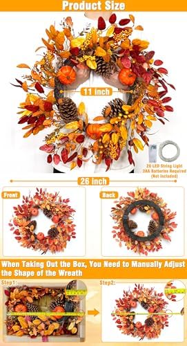 26 Inch Large Foldable Fall Wreath for Front Door with Lights & Timer, Autumn Pumpkin Wreaths Eucalyptus Leaves, alternate