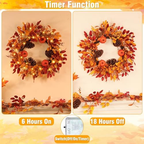 26 Inch Large Foldable Fall Wreath for Front Door with Lights & Timer, Autumn Pumpkin Wreaths Eucalyptus Leaves, alternate
