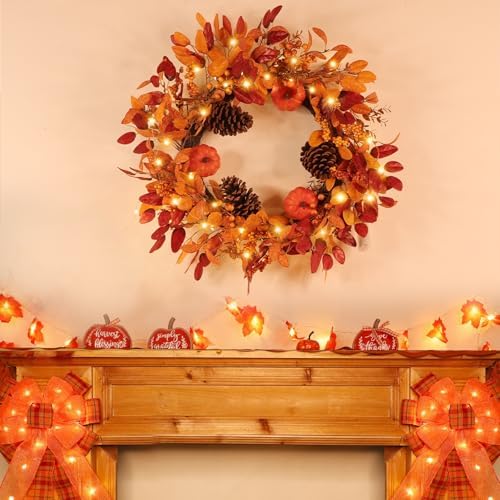 26 Inch Large Foldable Fall Wreath for Front Door with Lights & Timer, Autumn Pumpkin Wreaths Eucalyptus Leaves, alternate