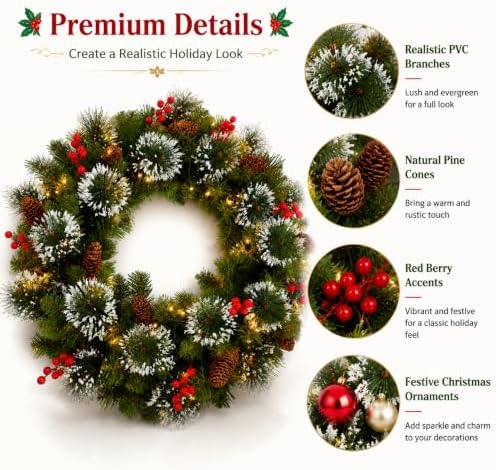 26 Inch Lighted Christmas Wreath, Snowy Pine for Front Door, alternate view 2