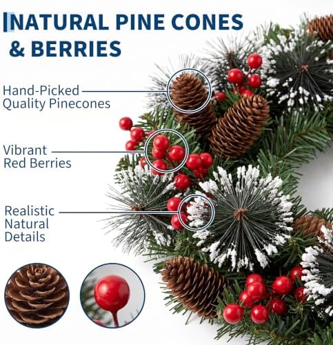 26 Inch Lighted Christmas Wreath, Snowy Pine for Front Door, alternate view 5