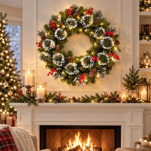 26 Inch Lighted Christmas Wreath, Snowy Pine for Front Door, alternate view 6