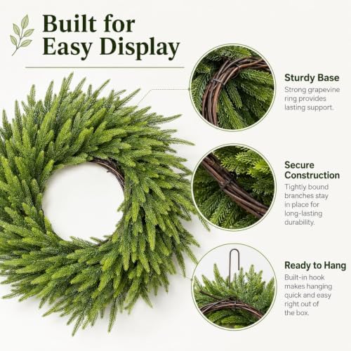 26 Inch Norfolk Pine Wreath, Christmas Front Door Decor, alternate view 3