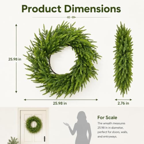 26 Inch Norfolk Pine Wreath, Christmas Front Door Decor, alternate view 6