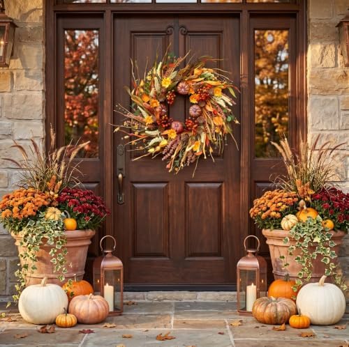 26 Inch Pumpkin Fall Wreath for Front Door Outside with Pinecones Berries in Multicolored, alternate view 2