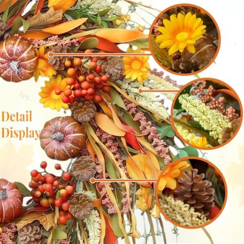 26 Inch Pumpkin Fall Wreath for Front Door Outside with Pinecones Berries in Multicolored, alternate view 3
