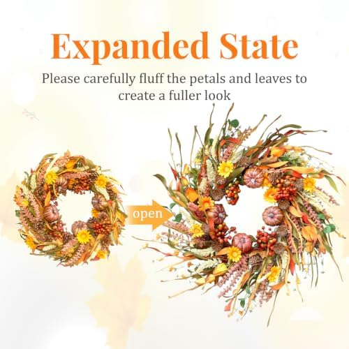 26 Inch Pumpkin Fall Wreath for Front Door Outside with Pinecones Berries in Multicolored, alternate view 4