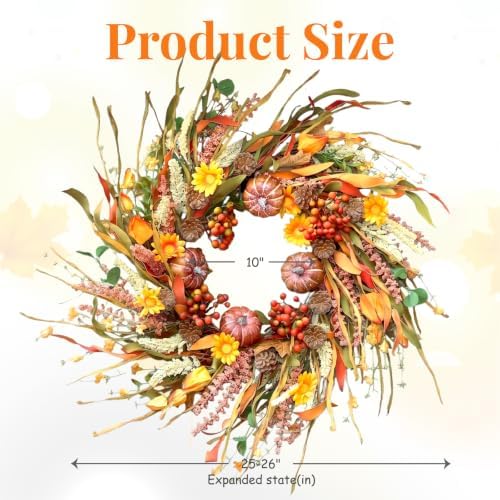 26 Inch Pumpkin Fall Wreath for Front Door Outside with Pinecones Berries in Multicolored, alternate view 5
