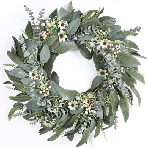 26 Inches Large Eucalyptus Spring Wreaths for Front Door, Artificial Greenery Summer Wreath with Berries White