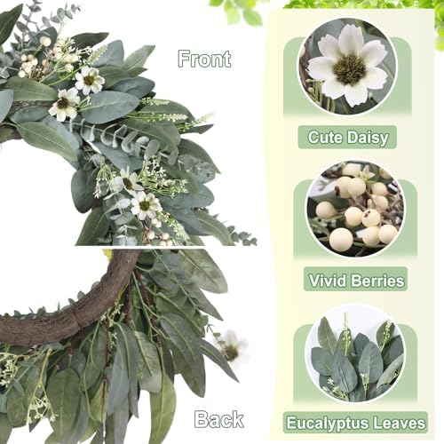 26 Inches Large Eucalyptus Spring Wreaths for Front Door, Artificial Greenery Summer Wreath with Berries White, alternate