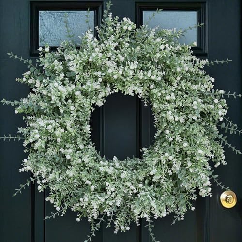 26" Large Artificial Eucalyptus Wreath for Front Door Decor (White-Green) in White-green