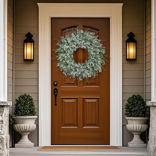 26" Large Artificial Eucalyptus Wreath for Front Door Decor (White-Green) in White-green, alternate view 2