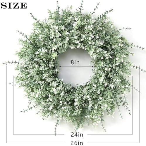 26" Large Artificial Eucalyptus Wreath for Front Door Decor (White-Green) in White-green, alternate view 5