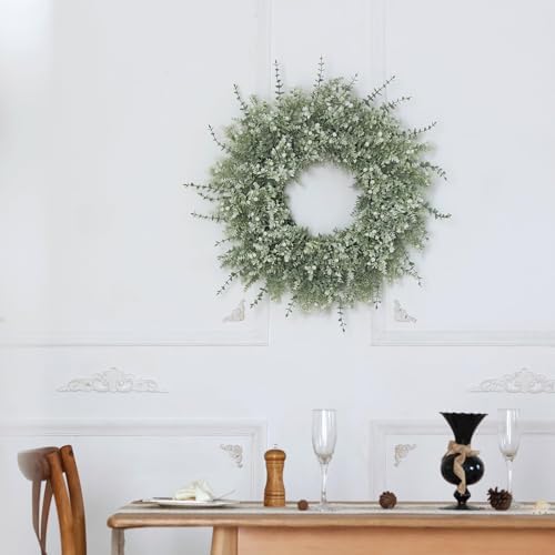 26" Large Artificial Eucalyptus Wreath for Front Door Decor (White-Green) in White-green, alternate view 6