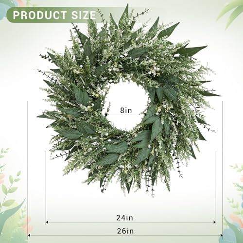 26'' Large Eucalyptus Wreaths for Front Door, Spring Summer Greenery Wreath with Babys Breath Flowers for, alternate view 2