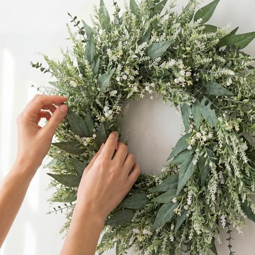 26'' Large Eucalyptus Wreaths for Front Door, Spring Summer Greenery Wreath with Babys Breath Flowers for, alternate view 6