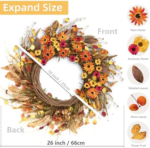 26'' Large Fall Wreaths for Front Door (Welcome Sign), alternate view 6