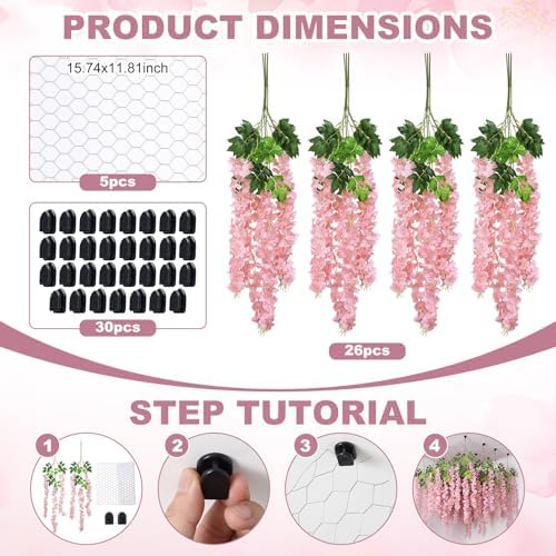 26 Pcs 3D Wisteria Tree Decor with 5 Mesh Panels, Pink in Pink, alternate view 2