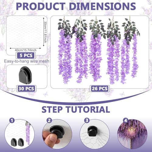 26 Pcs 3D Wisteria Tree Decor with 5 Mesh Panels, Purple, alternate view 2