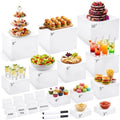 26 Pcs Buffet Risers Set, 12 White Acrylic Stands, 12 Signs, 2 Markers in white