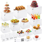 26 Pcs Buffet Risers Set, 12 White Acrylic Stands, 12 Signs, 2 Markers in white