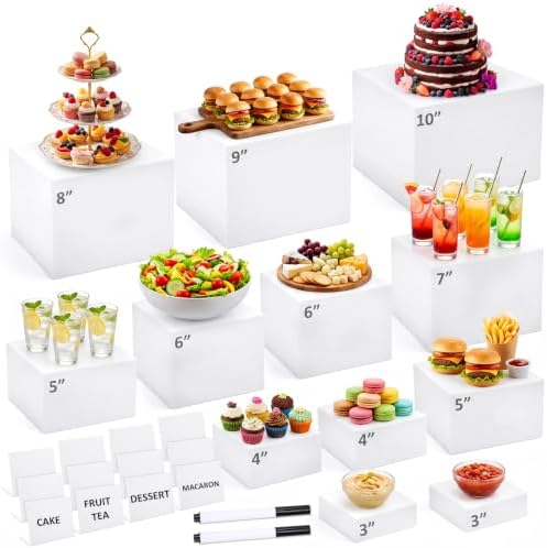 26 Pcs Buffet Risers Set, 12 White Acrylic Stands, 12 Signs, 2 Markers in white