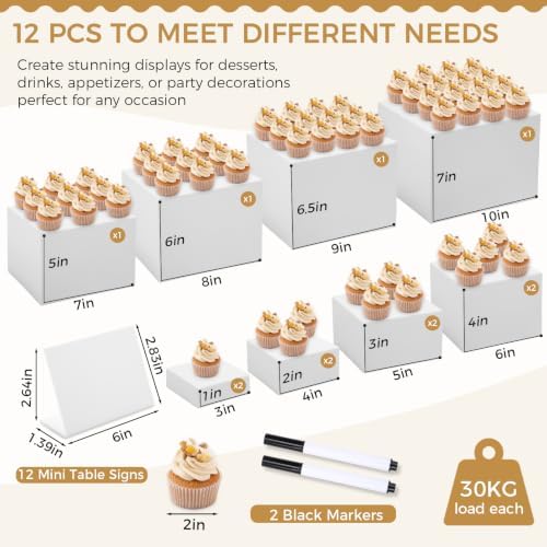 26 Pcs Buffet Risers Set, 12 White Acrylic Stands, 12 Signs, 2 Markers in white, alternate view 3