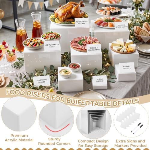 26 Pcs Buffet Risers Set, 12 White Acrylic Stands, 12 Signs, 2 Markers in white, alternate view 4