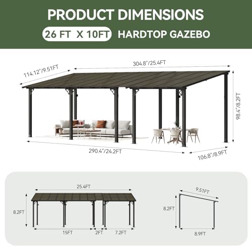 26’x10’ Gazebo with Aluminum Frame & Polycarbonate Panel, Black in Black, alternate view 2