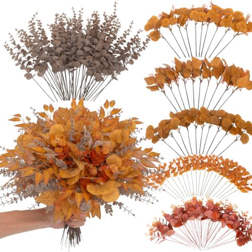 260 Pcs Fall Mixed Greenery Artificial Eucalyptus Stems, Orange