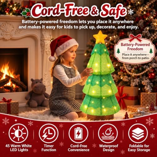 27.5-Inch Lighted Christmas Tree for Outdoor Christmas Decorations, Battery Operated Pop-Up Decor with 45 Warm, alternate