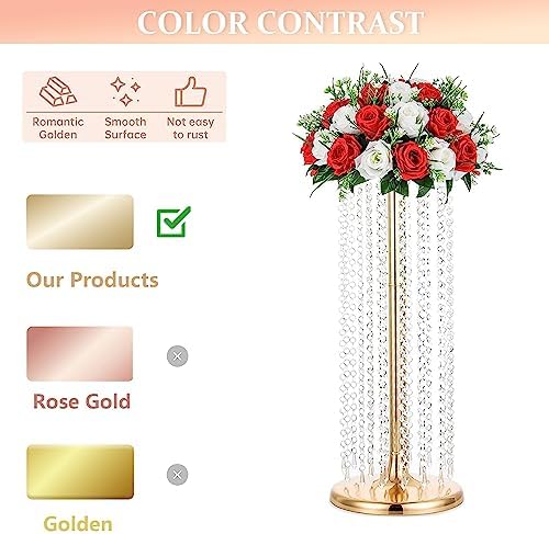 27.5in Flower Stand for Wedding Centerpieces for Tables - Metal Tall Floor vase with Acrylic Crystal, 4Pcs Gold, alternate