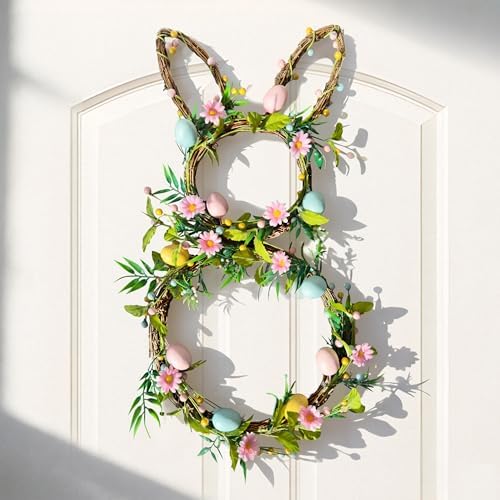 27" Easter Bunny Wreaths for Front Door, Easter Rattan Rabbit Decor with Eggs and Flowers, Spring Wreath with