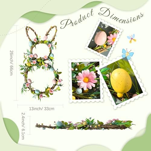 27" Easter Bunny Wreaths for Front Door, Easter Rattan Rabbit Decor with Eggs and Flowers, Spring Wreath with, alternate view