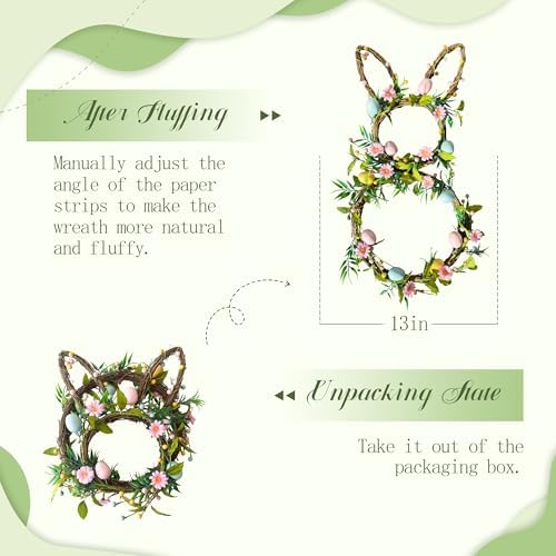 27" Easter Bunny Wreaths for Front Door, Easter Rattan Rabbit Decor with Eggs and Flowers, Spring Wreath with, alternate view